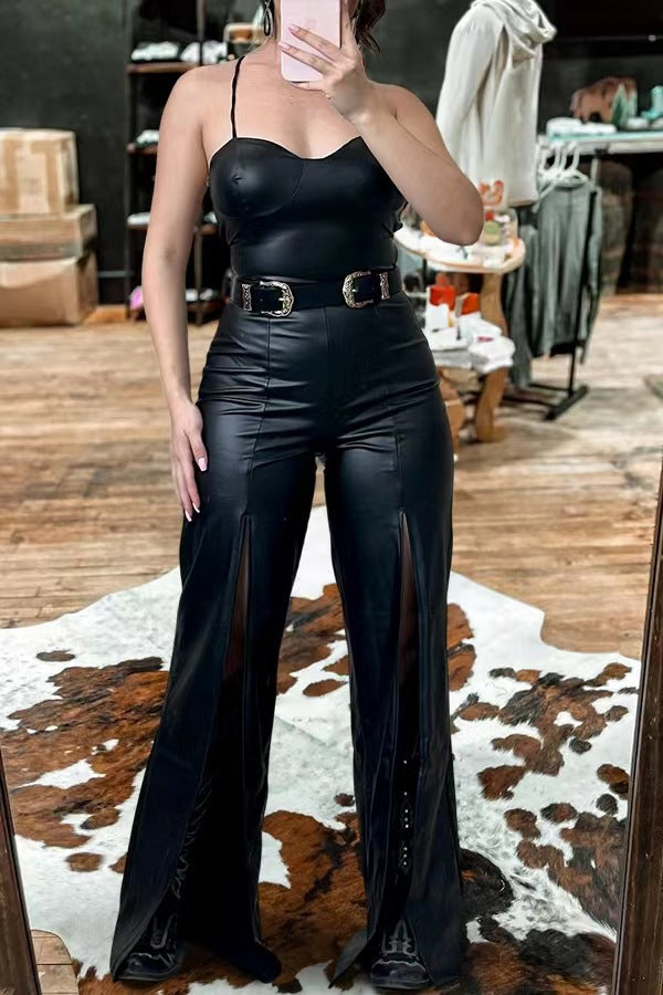Stunning Leather Leg Slit Jumpsuit