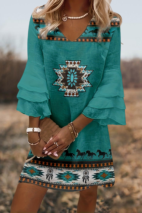 Aztec Print Layered Flared Sleeves Dress