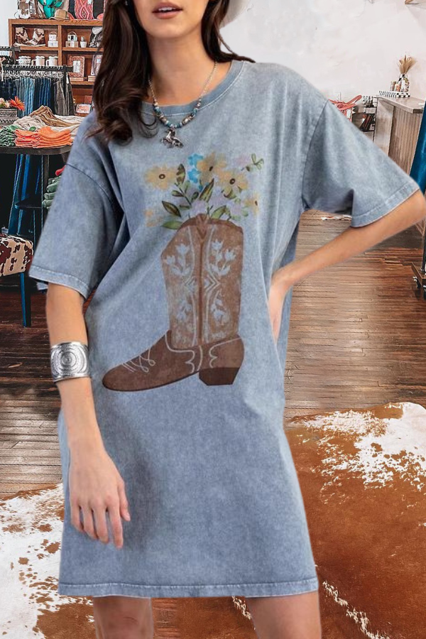 Cowboy Boot Print T-Shirt Dress