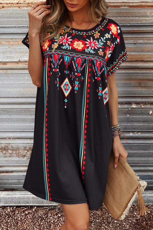 Round Collar Floral Print Short Dress