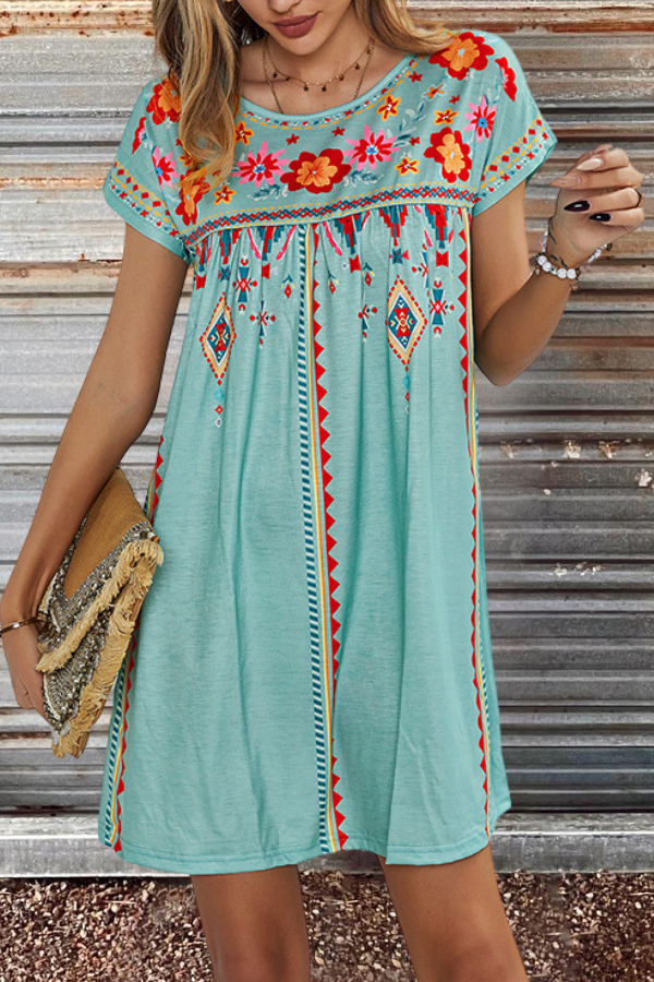 Round Collar Floral Print Short Dress