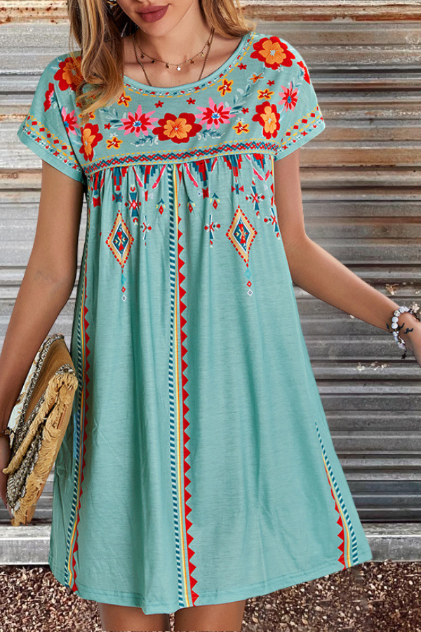 Round Collar Floral Print Short Dress