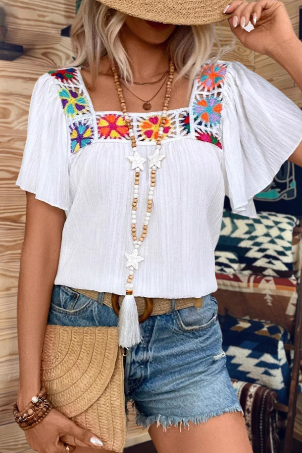 Crochet Floral Square Neck Ruffle Blouse