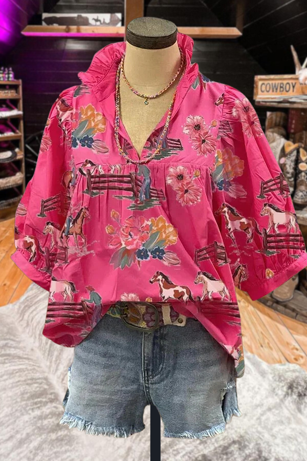 Floral Print Ruffle V-Neck Bubble Sleeve Top
