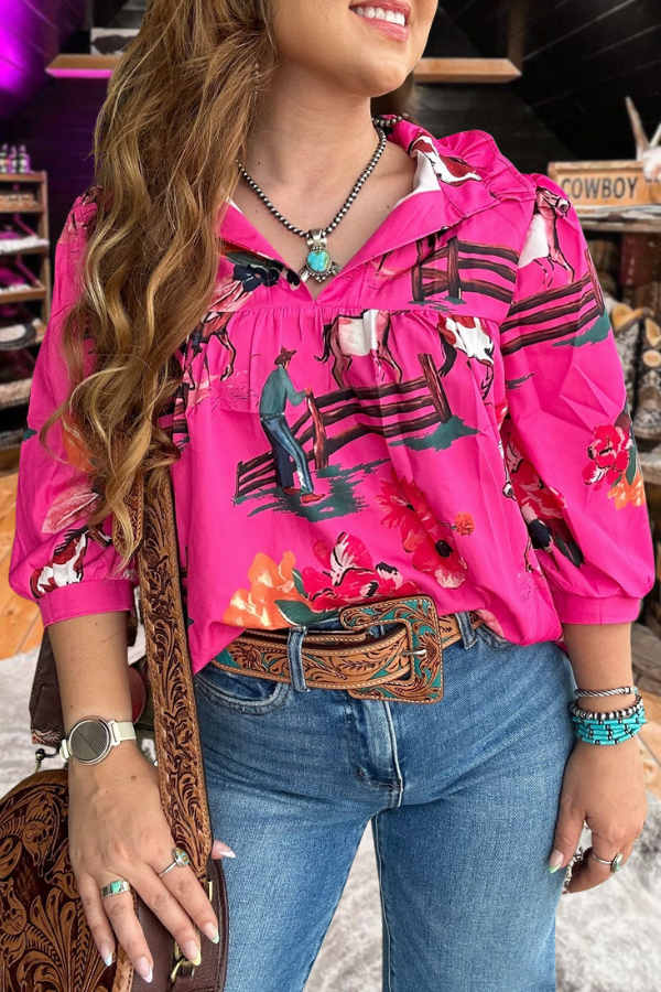 Floral Print Ruffle V-Neck Bubble Sleeve Top