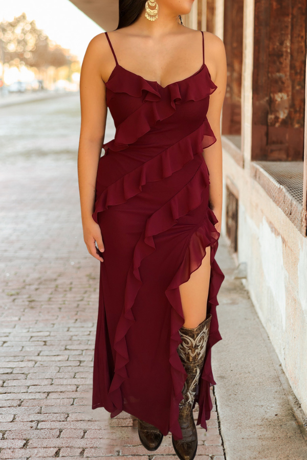 Asymmetrical Frill Thigh Split Dress