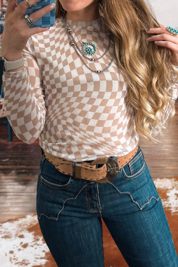 Checkerboard Mock Neck Knitted T-shirt