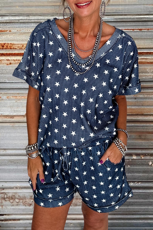 Navy Stars Waffle Knit Shorts Top Sets