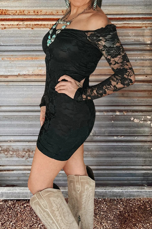 Off Shoulder Lace Drawstring Mini Dress