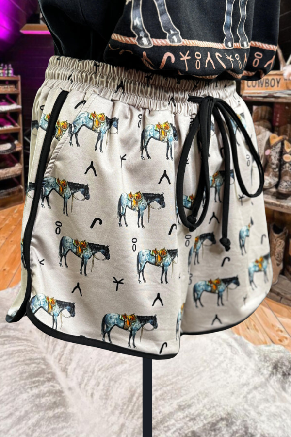 Western Horse Print Drawstring Shorts