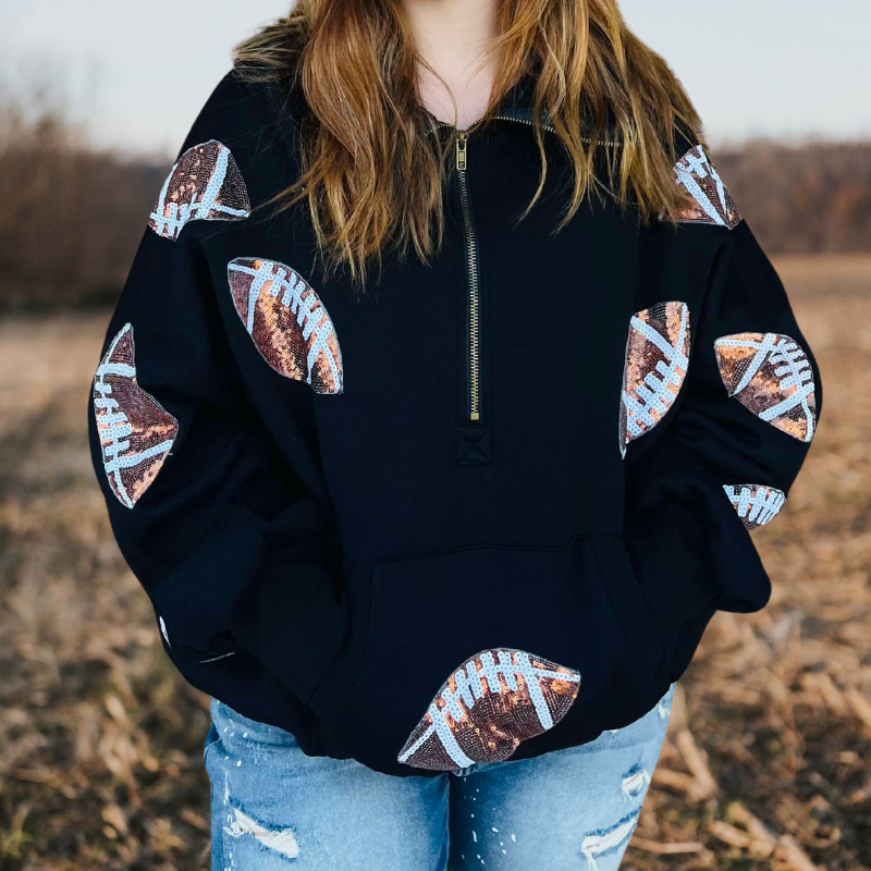 Sequined Footballs Half Zip Hoodie