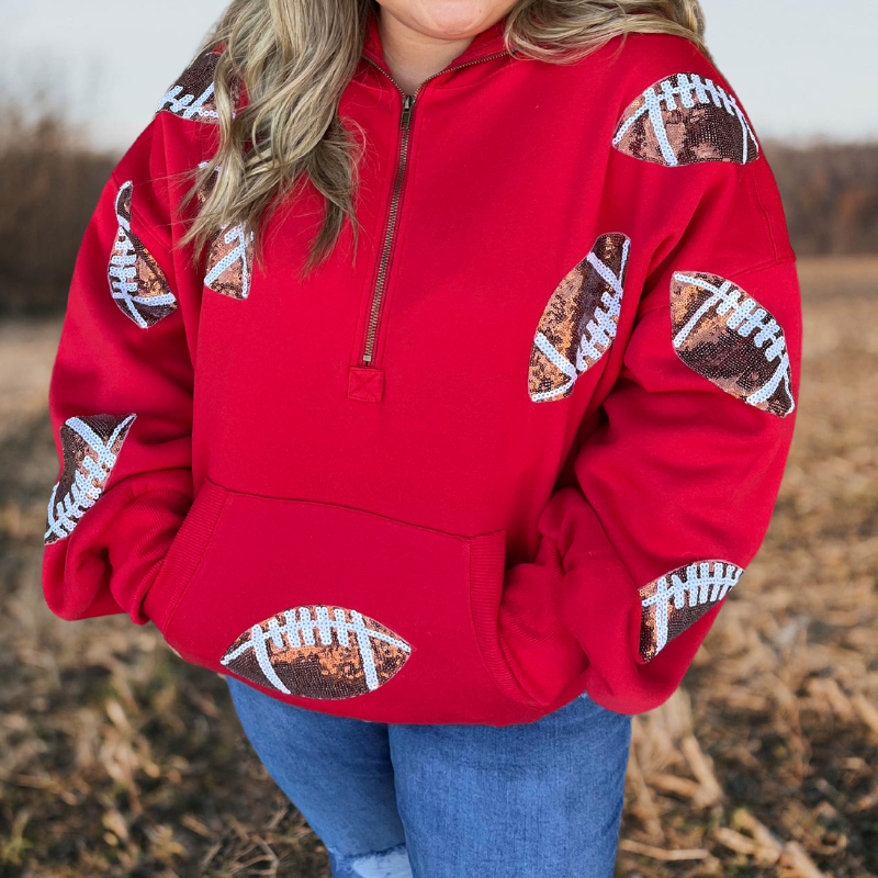 Sequined Footballs Half Zip Hoodie