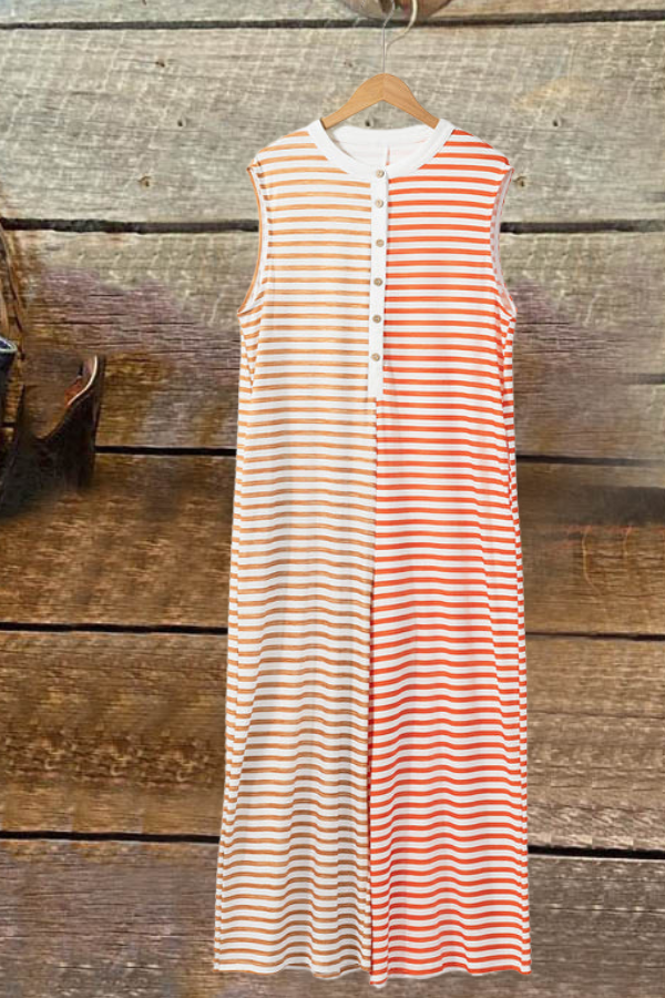 Striped Half Button Cap Sleeve Jumpsuit