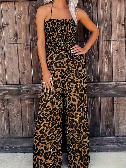 Leopard Print Backless Wide Leg Jumpsuit