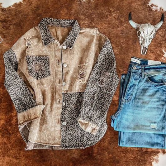 Leopard Print Patchwork Cotton Shirt