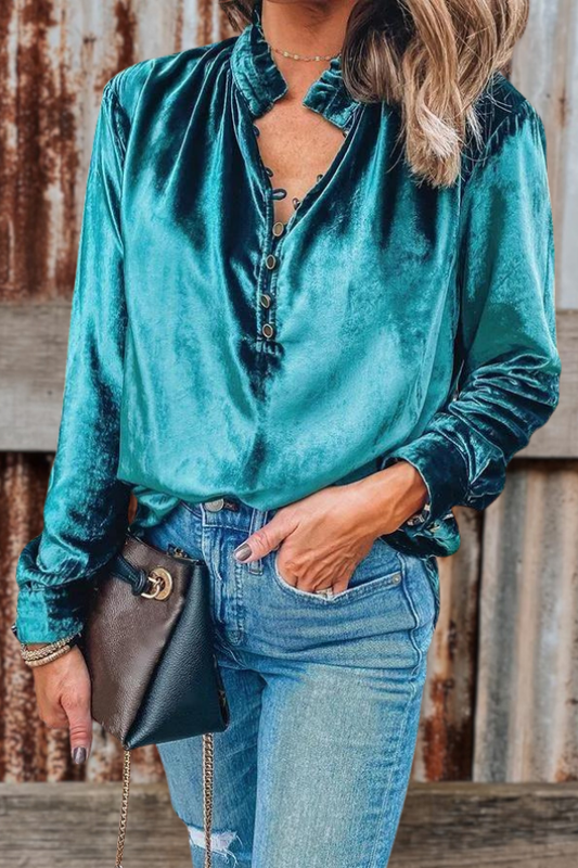 Frilled Neck Buttoned Front Velvet Shirt