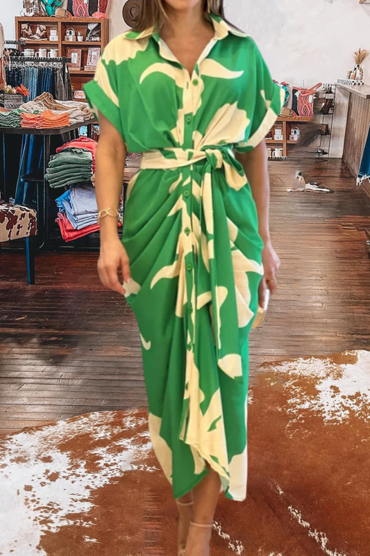Kont Waist Belted Floral Printed Shirt Dress