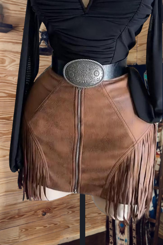 Vintage Fringe Hem Suede Zipper Skirt