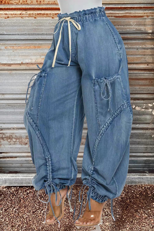 Drawstring Tie Bow Loose Straight Denim Pants