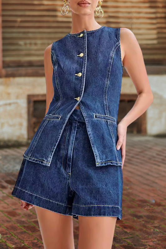Denim Button Up Top Shorts Sets