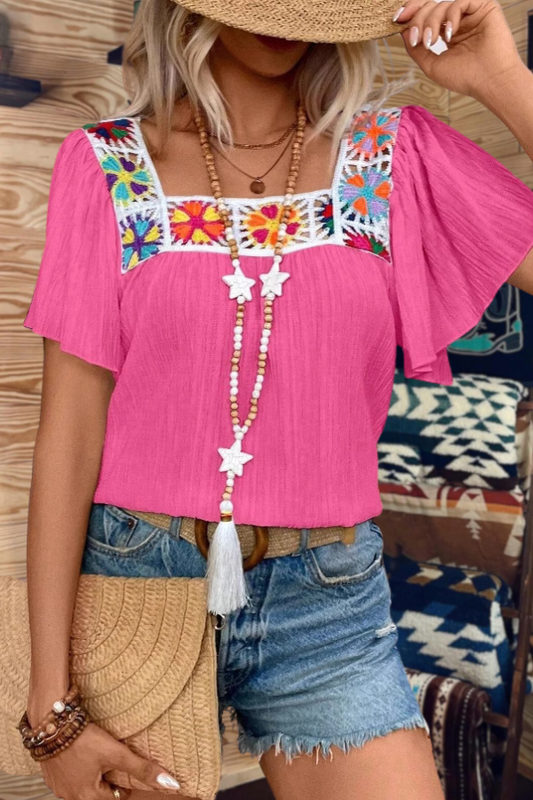 Crochet Floral Square Neck Ruffle Blouse