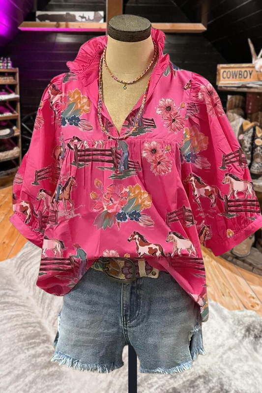 Floral Print Ruffle V-Neck Bubble Sleeve Top