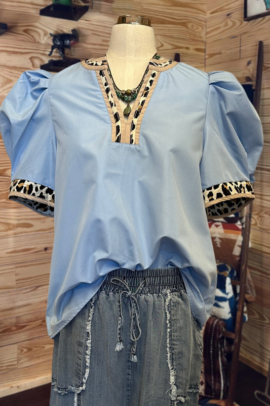 Leopard Band Pleated Sleeve Top