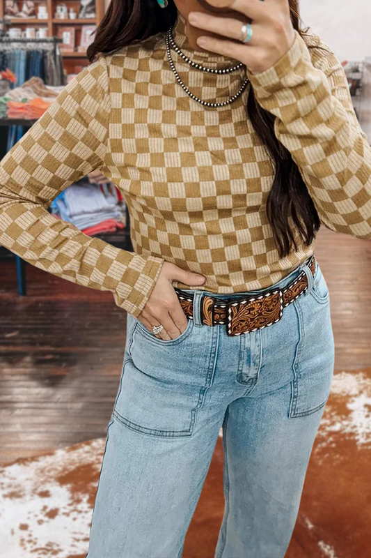 Checkerboard Mock Neck Knitted T-shirt