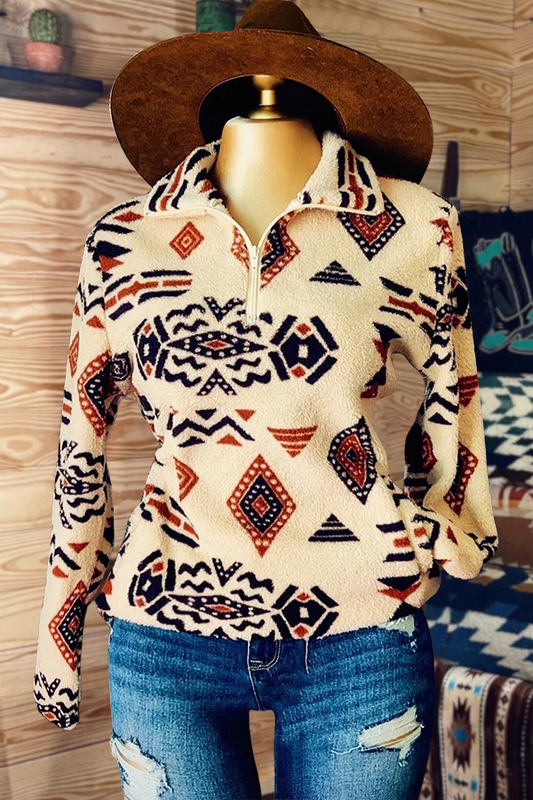 Western Aztec Print Polar Fleece Sweatshirt