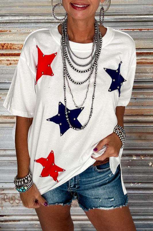 White Patch Stars With Studs Knit Top