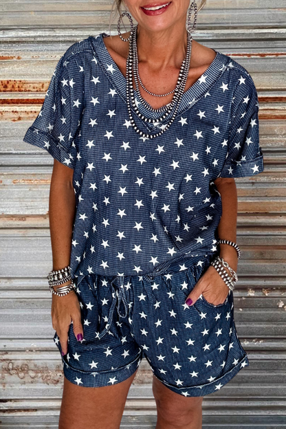 Navy Stars Waffle Knit Shorts Top Sets