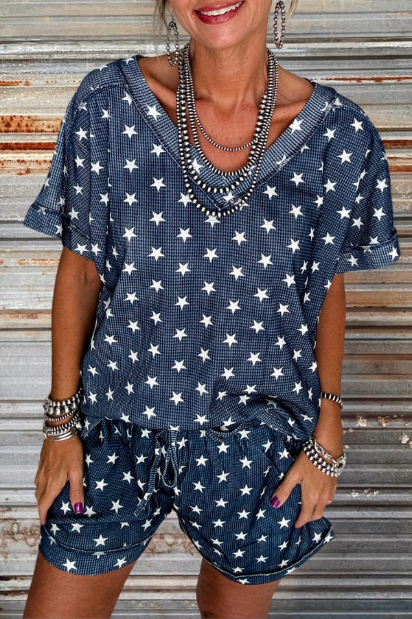 Navy Stars Waffle Knit Shorts Top Sets