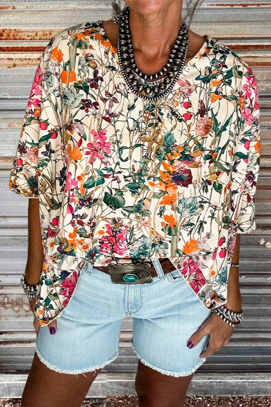 V-Neck Floral Print Bat Sleeve T-Shirt