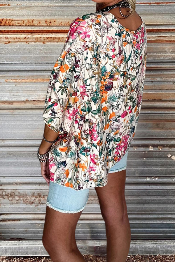 V-Neck Floral Print Bat Sleeve T-Shirt