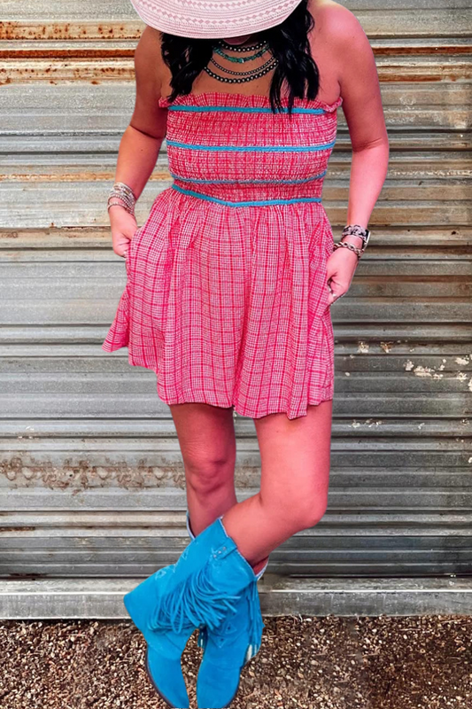 Red Blue Pleated Strapless Checked Mini Dress
