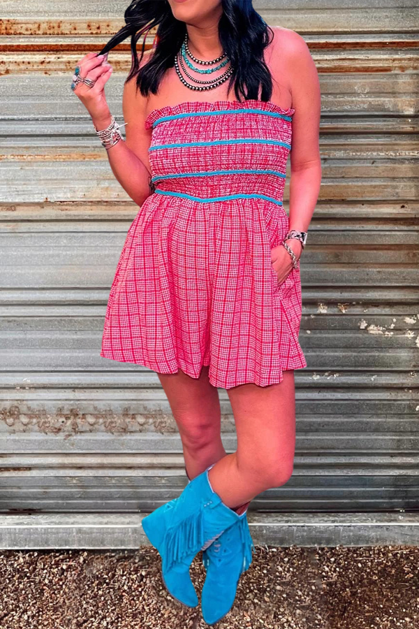 Red Blue Pleated Strapless Checked Mini Dress