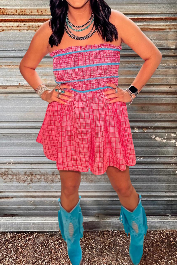 Red Blue Pleated Strapless Checked Mini Dress