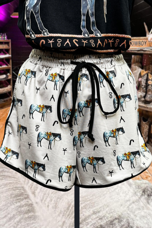 Western Horse Print Drawstring Shorts