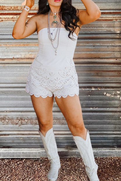 Solid Color Strapless Lace Top Shorts Set