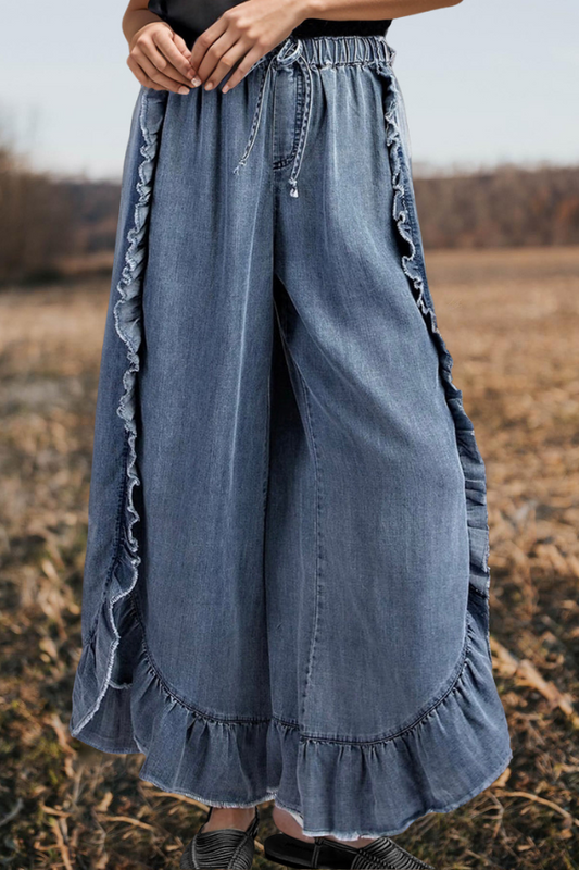 Drawstring Ruffled Wide Leg Jeans
