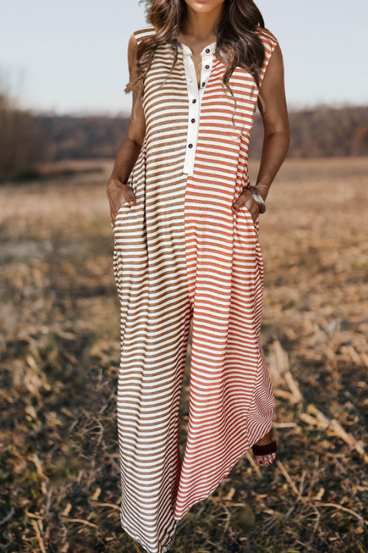 Striped Half Button Cap Sleeve Jumpsuit