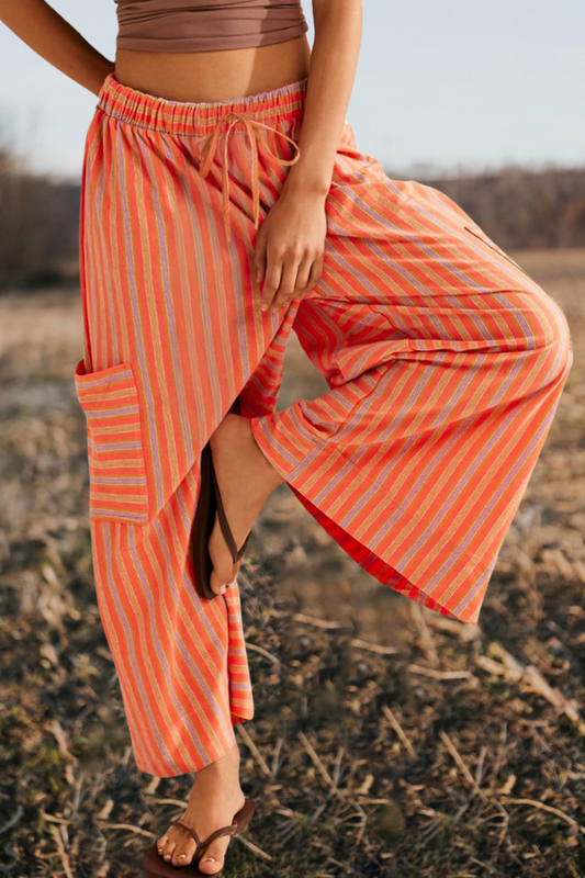 Drawstring Striped Loose Wide Leg Pants